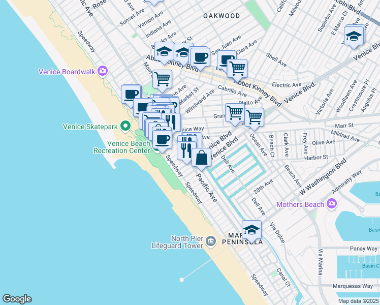map of restaurants, bars, coffee shops, grocery stores, and more near in Los Angeles