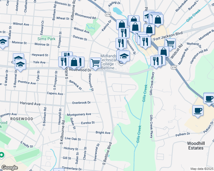 map of restaurants, bars, coffee shops, grocery stores, and more near 1 Withers Drive in Columbia