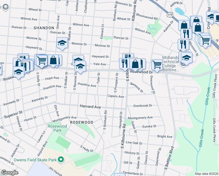 map of restaurants, bars, coffee shops, grocery stores, and more near 403 South Prospect Street in Columbia