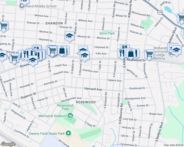 map of restaurants, bars, coffee shops, grocery stores, and more near 406 South Ott Road in Columbia