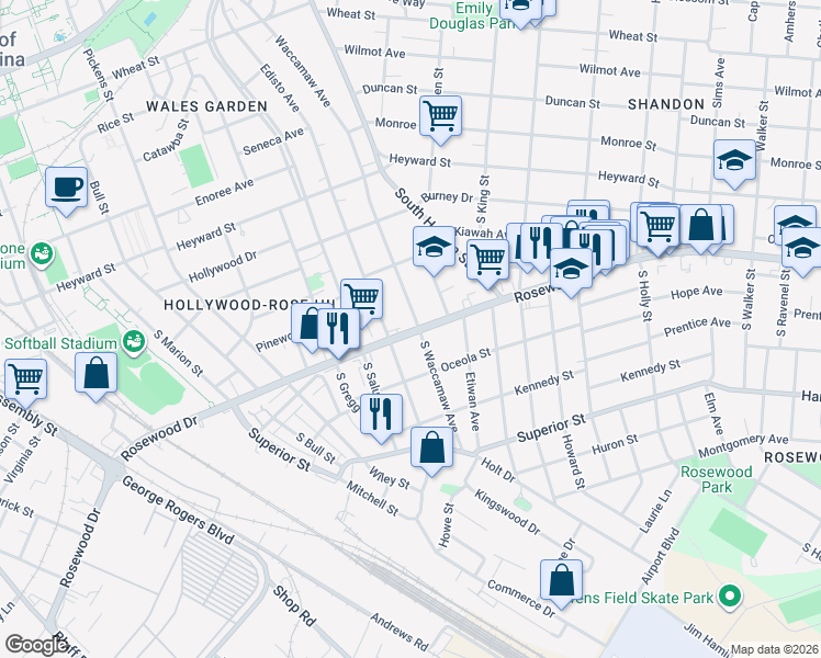 map of restaurants, bars, coffee shops, grocery stores, and more near 401 South Waccamaw Avenue in Columbia