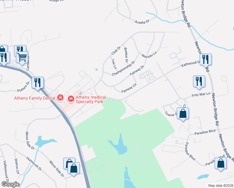 map of restaurants, bars, coffee shops, grocery stores, and more near 110 Fairway Circle in Athens