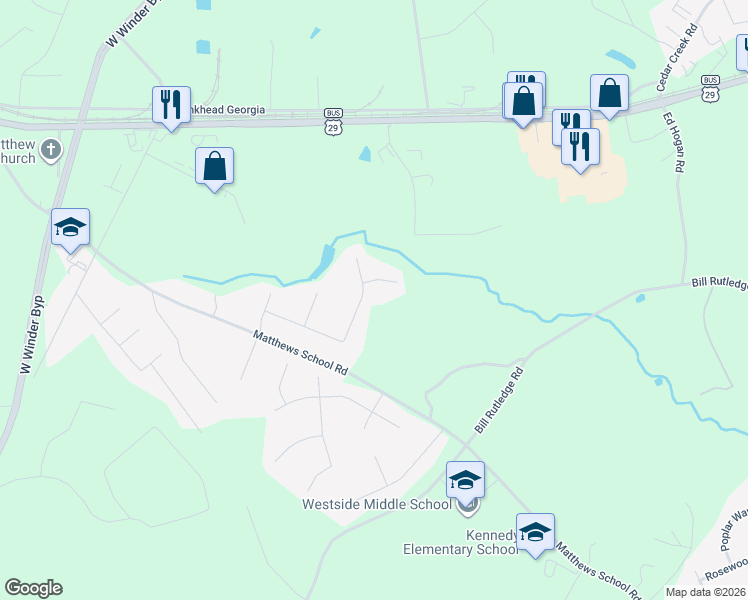 map of restaurants, bars, coffee shops, grocery stores, and more near 375 Glenmoor Place in Winder
