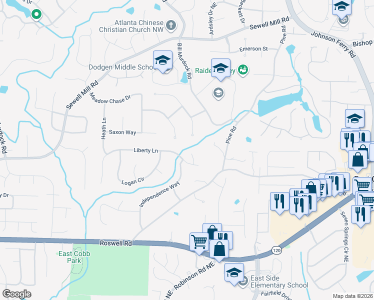 map of restaurants, bars, coffee shops, grocery stores, and more near 1433 Mulberry Court in Marietta
