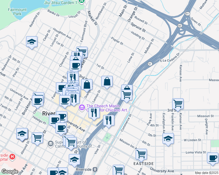 map of restaurants, bars, coffee shops, grocery stores, and more near 3255 Lime Street in Riverside