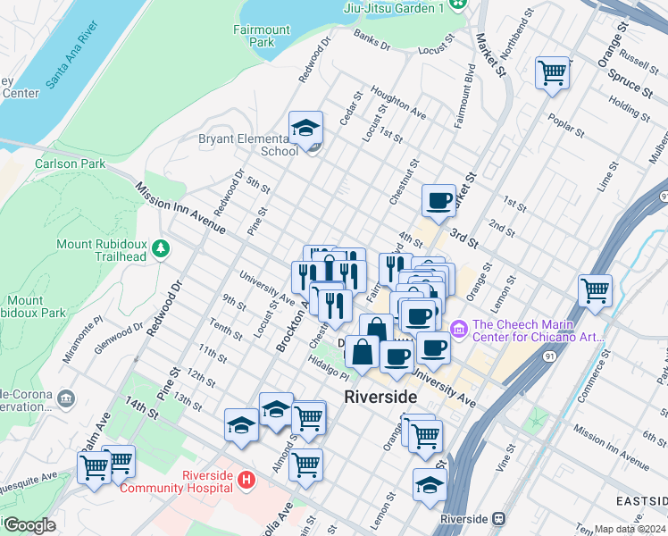 map of restaurants, bars, coffee shops, grocery stores, and more near 3624 Brockton Avenue in Riverside