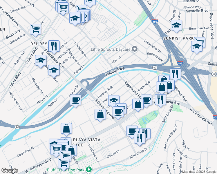 map of restaurants, bars, coffee shops, grocery stores, and more near 12060 Hammack Street in Culver City