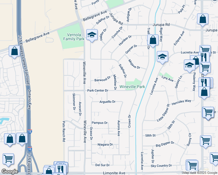 map of restaurants, bars, coffee shops, grocery stores, and more near 11637 Park Center Drive in Jurupa Valley