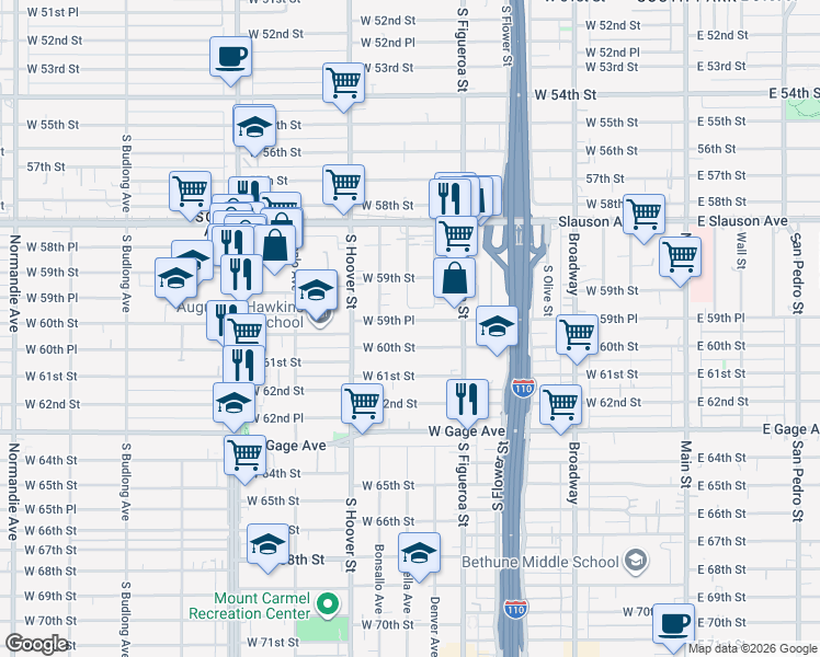 map of restaurants, bars, coffee shops, grocery stores, and more near 626 West 59th Place in Los Angeles