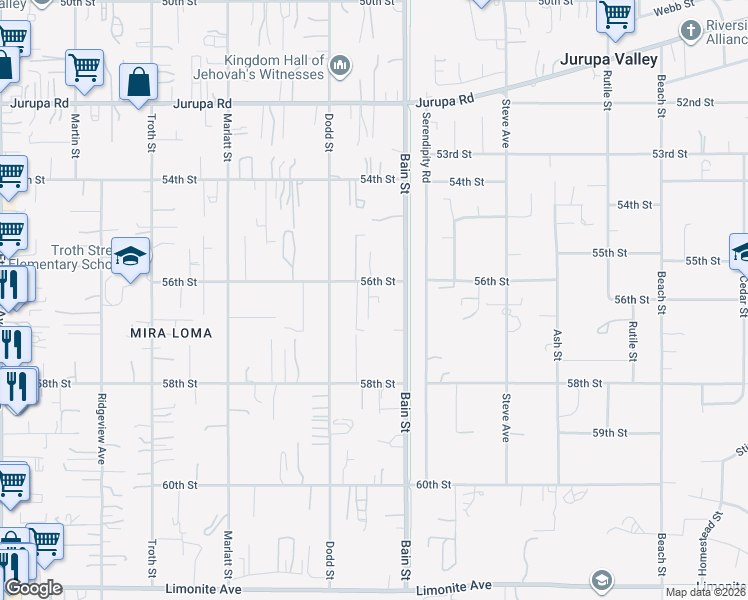 map of restaurants, bars, coffee shops, grocery stores, and more near 10240 56th Street in Jurupa Valley