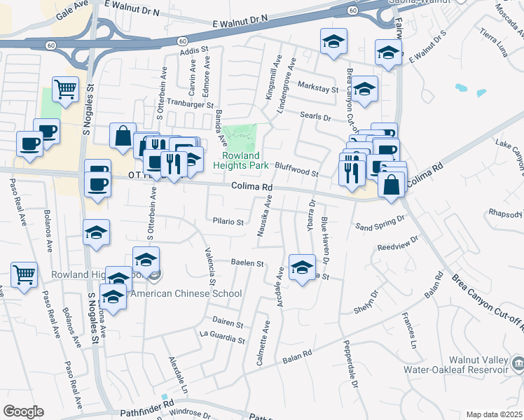 map of restaurants, bars, coffee shops, grocery stores, and more near 1803 Nausika Avenue in Rowland Heights