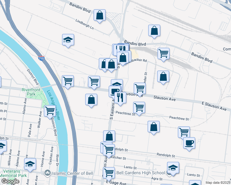 map of restaurants, bars, coffee shops, grocery stores, and more near 5800 South Eastern Avenue in Los Angeles