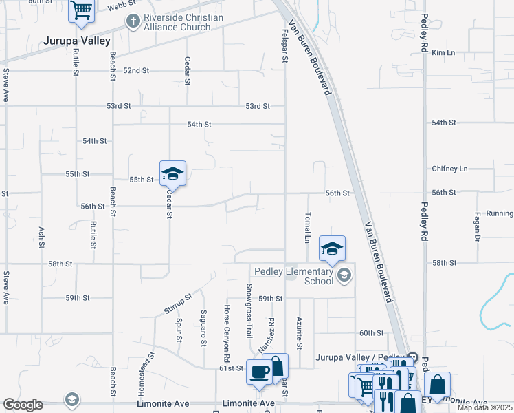 map of restaurants, bars, coffee shops, grocery stores, and more near 5630 Cliff Valley Circle in Riverside