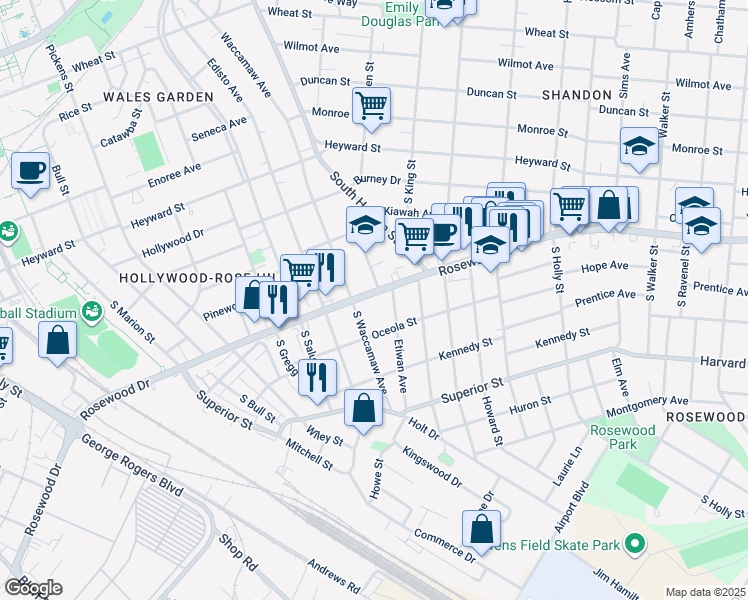 map of restaurants, bars, coffee shops, grocery stores, and more near 2118 Rosewood Drive in Columbia
