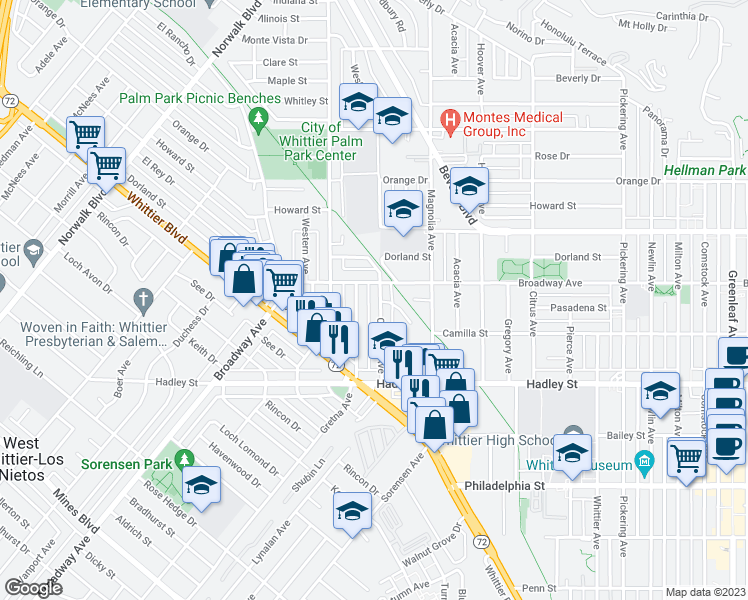 map of restaurants, bars, coffee shops, grocery stores, and more near 6217 Canobie Avenue in Whittier