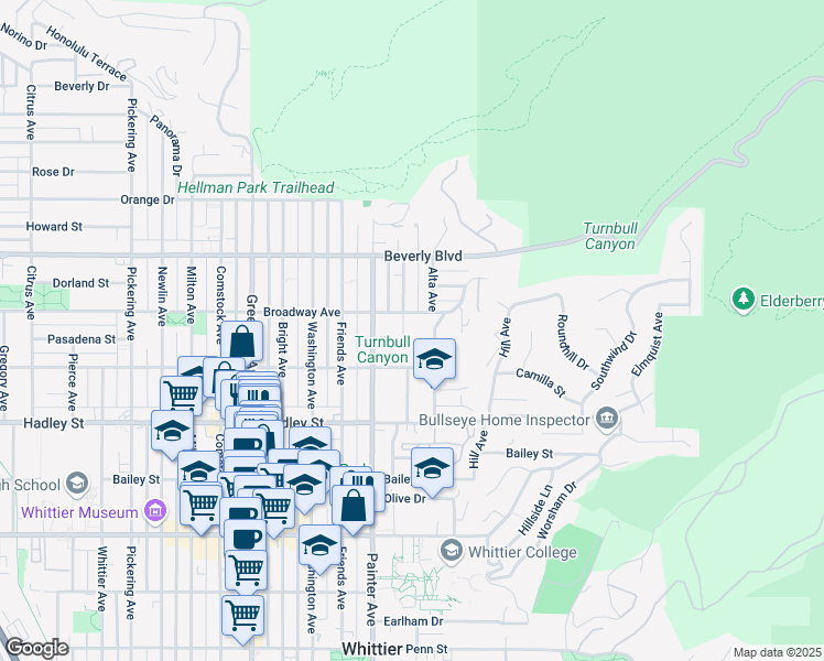 map of restaurants, bars, coffee shops, grocery stores, and more near 6216 Haviland Avenue in Whittier
