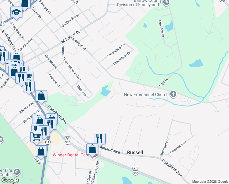 map of restaurants, bars, coffee shops, grocery stores, and more near 241 East Brook Drive Southeast in Winder