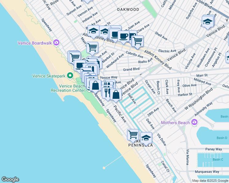 map of restaurants, bars, coffee shops, grocery stores, and more near 205 North Venice Boulevard in Los Angeles