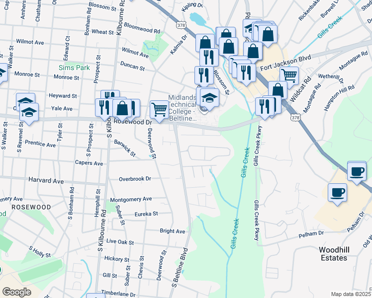map of restaurants, bars, coffee shops, grocery stores, and more near 1 Withers Drive in Columbia