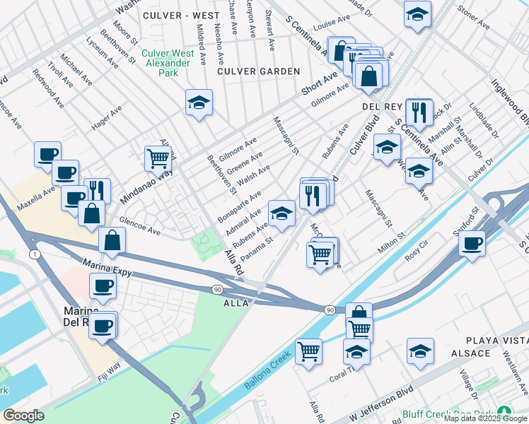 map of restaurants, bars, coffee shops, grocery stores, and more near 12850 Admiral Avenue in Los Angeles