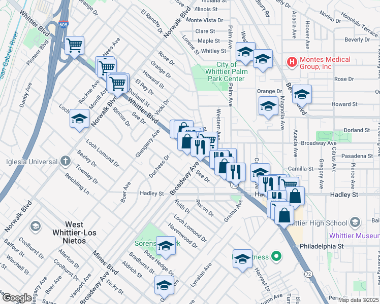 map of restaurants, bars, coffee shops, grocery stores, and more near 11232 Whittier Boulevard in Whittier