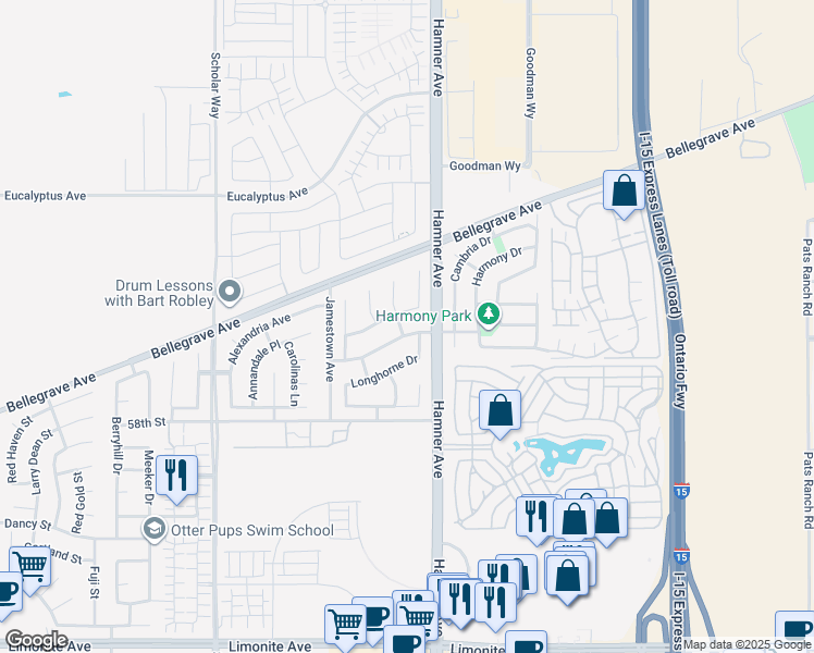 map of restaurants, bars, coffee shops, grocery stores, and more near 12638 Amberhill Avenue in Corona