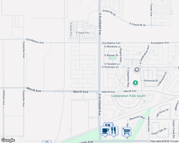 map of restaurants, bars, coffee shops, grocery stores, and more near 2662 East Penelope Lane in Ontario