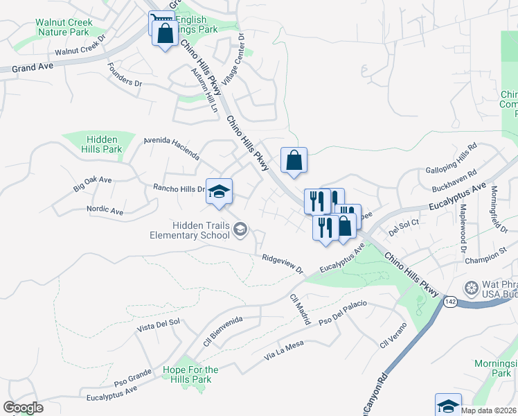 map of restaurants, bars, coffee shops, grocery stores, and more near 14748 Moon Crest Lane in Chino Hills