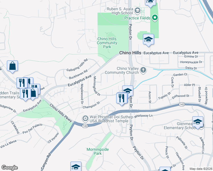 map of restaurants, bars, coffee shops, grocery stores, and more near 14747 Hiddenspring Circle in Chino Hills