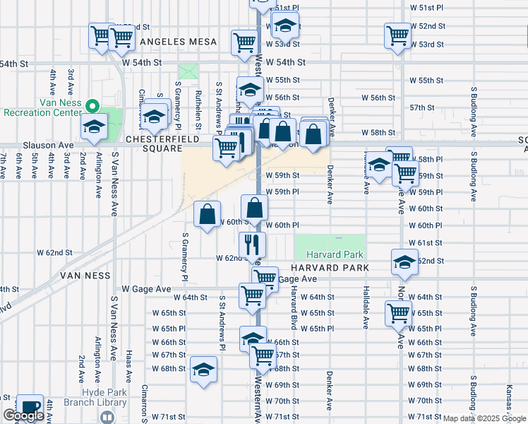 map of restaurants, bars, coffee shops, grocery stores, and more near 1732 West 60th Street in Los Angeles