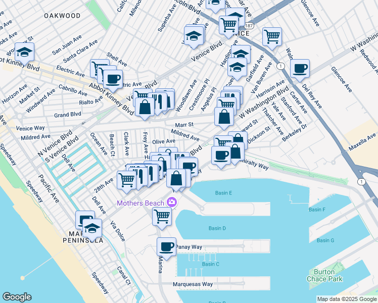 map of restaurants, bars, coffee shops, grocery stores, and more near 663 Washington Boulevard in Marina del Rey