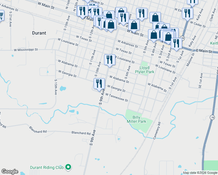 map of restaurants, bars, coffee shops, grocery stores, and more near 705 West Georgia Street in Durant