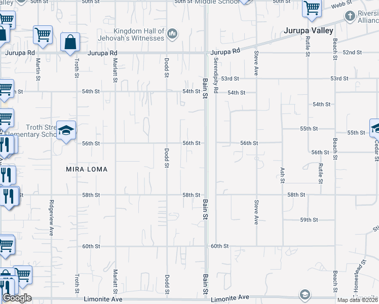 map of restaurants, bars, coffee shops, grocery stores, and more near 10240 56th Street in Jurupa Valley