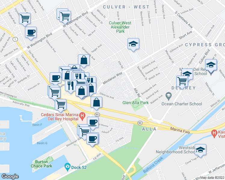 map of restaurants, bars, coffee shops, grocery stores, and more near 13082 Mindanao Way in Marina del Rey