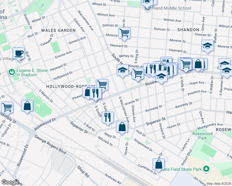 map of restaurants, bars, coffee shops, grocery stores, and more near 401 South Waccamaw Avenue in Columbia