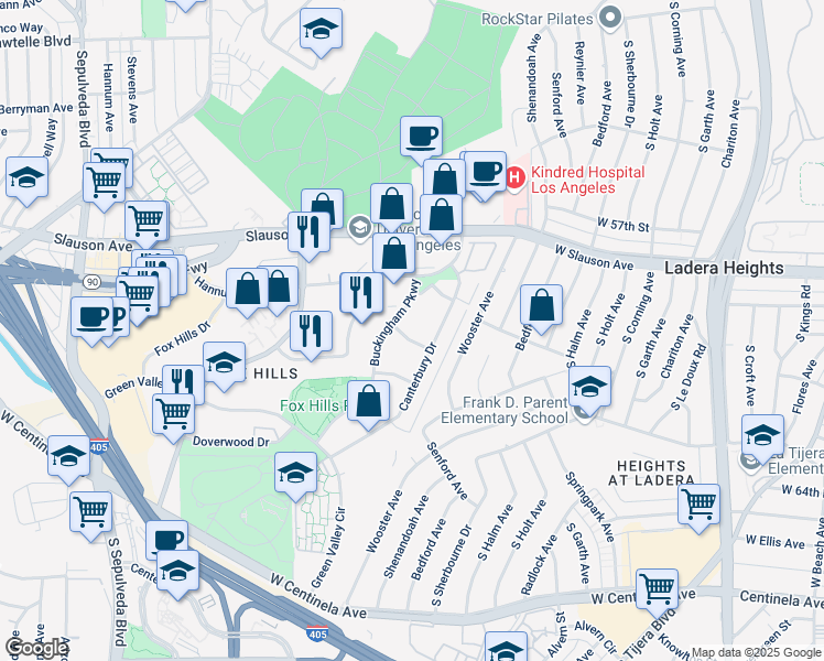 map of restaurants, bars, coffee shops, grocery stores, and more near 5674 Windsor Way in Culver City