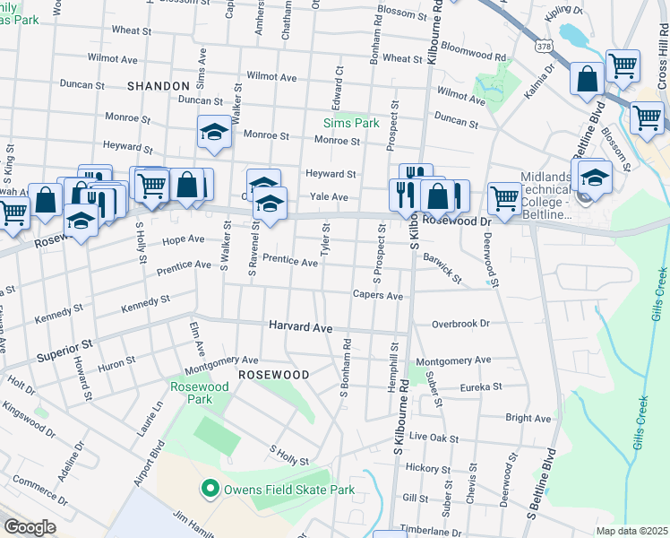 map of restaurants, bars, coffee shops, grocery stores, and more near 3504 Prentice Avenue in Columbia