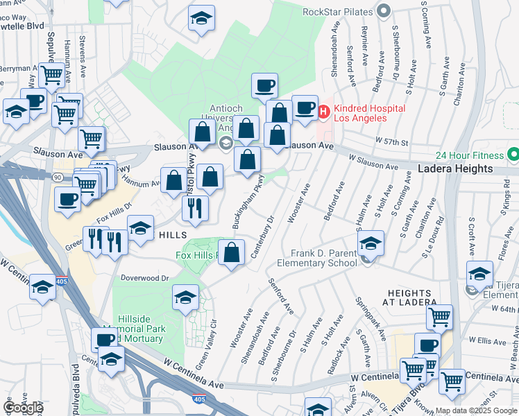 map of restaurants, bars, coffee shops, grocery stores, and more near 5651 Windsor Way in Culver City