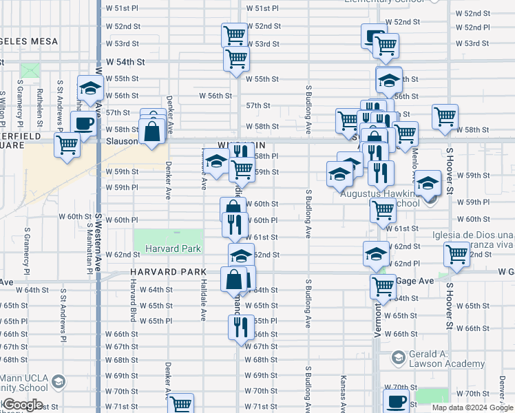 map of restaurants, bars, coffee shops, grocery stores, and more near 1334 West 60th Street in Los Angeles