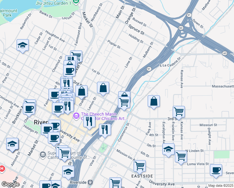 map of restaurants, bars, coffee shops, grocery stores, and more near 3195 Mulberry Street in Riverside