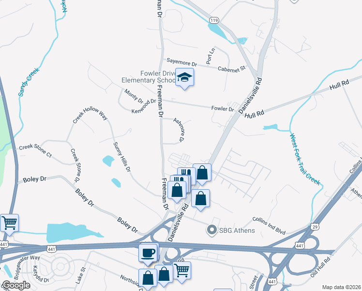 map of restaurants, bars, coffee shops, grocery stores, and more near 130 Ashmore Drive in Athens