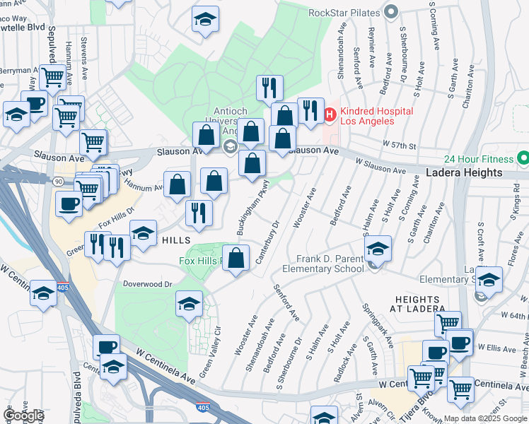 map of restaurants, bars, coffee shops, grocery stores, and more near 5651 Windsor Way in Culver City