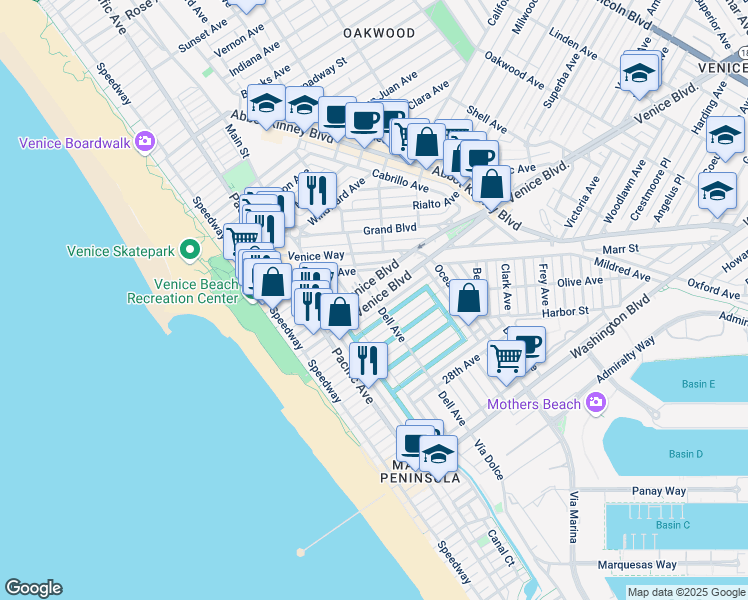 map of restaurants, bars, coffee shops, grocery stores, and more near S Venice Blvd & Dell Ave in Los Angeles