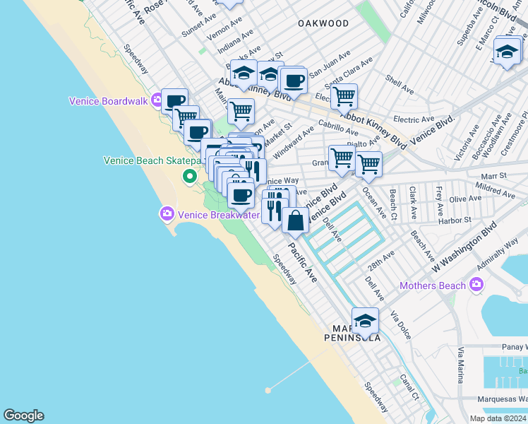 map of restaurants, bars, coffee shops, grocery stores, and more near 40 19th Avenue in Los Angeles