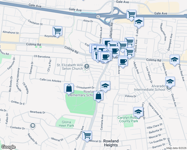 map of restaurants, bars, coffee shops, grocery stores, and more near 18204 Vía Calma in Rowland Heights