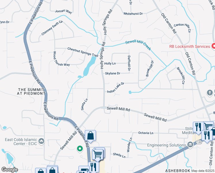 map of restaurants, bars, coffee shops, grocery stores, and more near 2565 Indian Lake Drive in Marietta