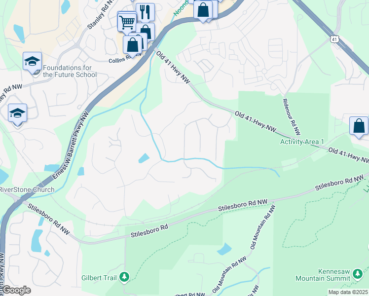 map of restaurants, bars, coffee shops, grocery stores, and more near 1393 Kings Park Drive in Kennesaw