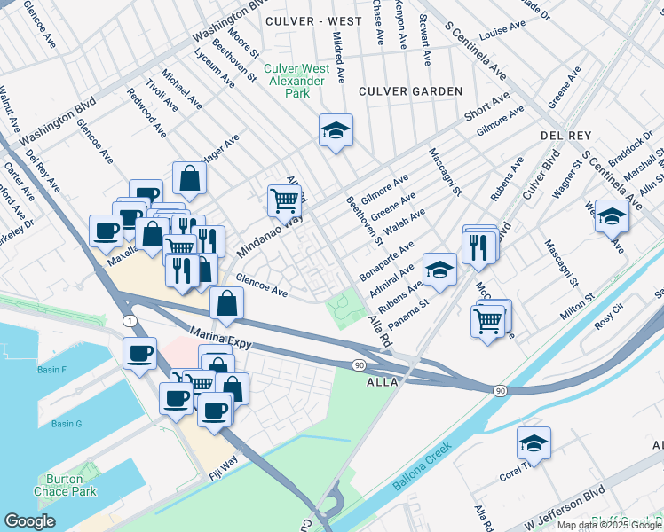 map of restaurants, bars, coffee shops, grocery stores, and more near 4609 Alla Road in Marina del Rey