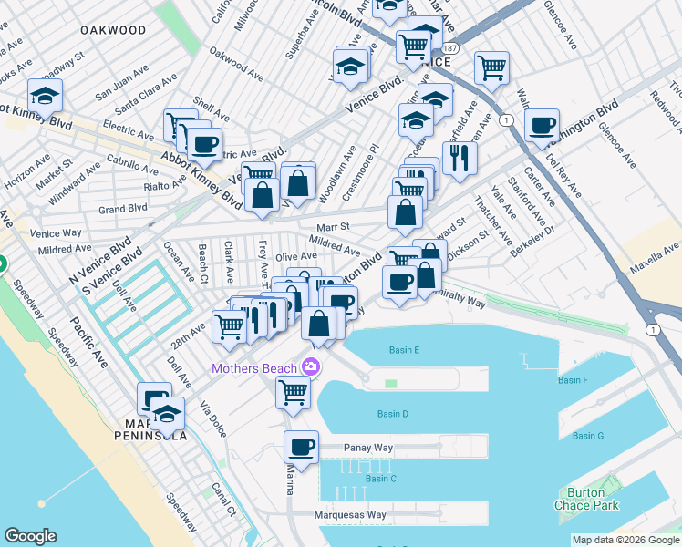map of restaurants, bars, coffee shops, grocery stores, and more near 663 Washington Boulevard in Marina del Rey