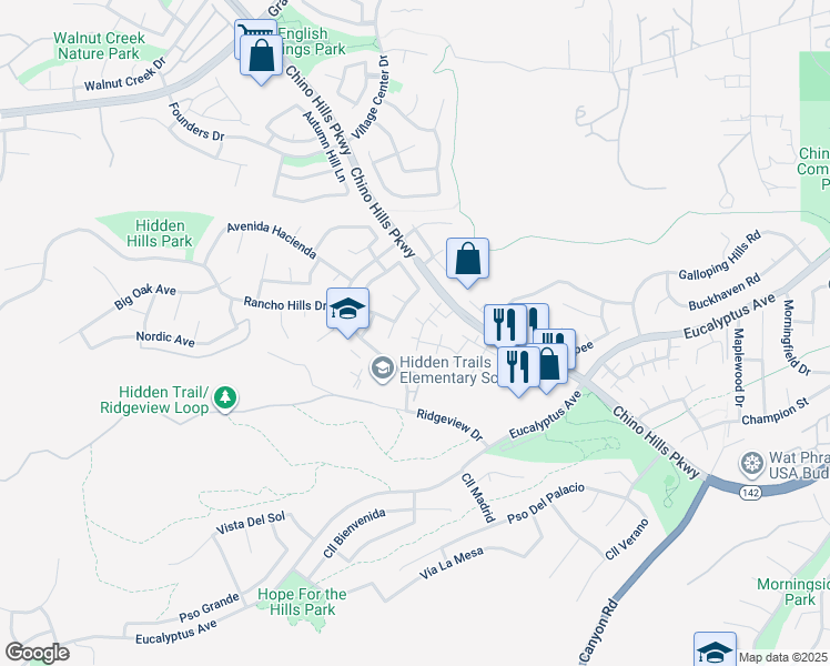 map of restaurants, bars, coffee shops, grocery stores, and more near 14748 Moon Crest Lane in Chino Hills